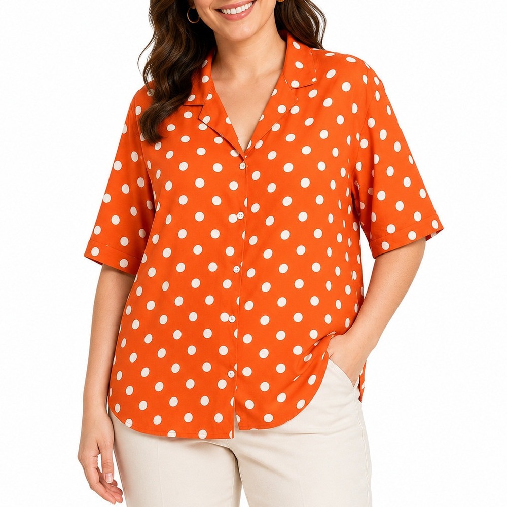 Blair Womens XL Orange White Polka Dot Shirt Short Sleeve Button Front Top